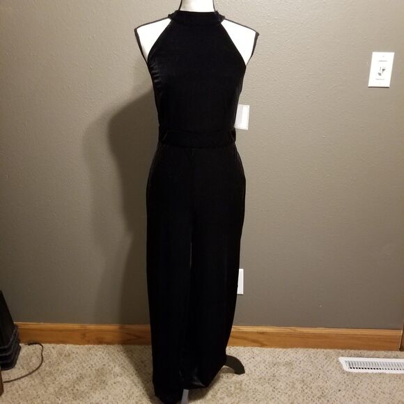1 State Small Jumpsuit Black Velvet Halter Mock Neck Wide Leg Holiday Formal NEW - Picture 1 of 10